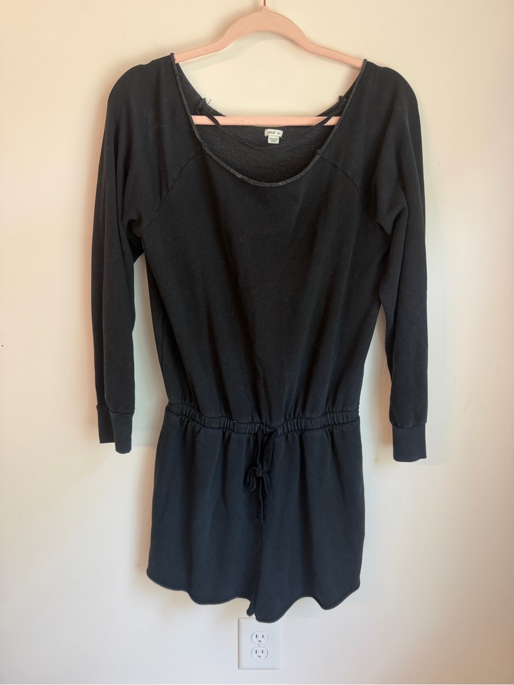 aerie Black Long-Sleeve Drawstring Waist Romper Dress